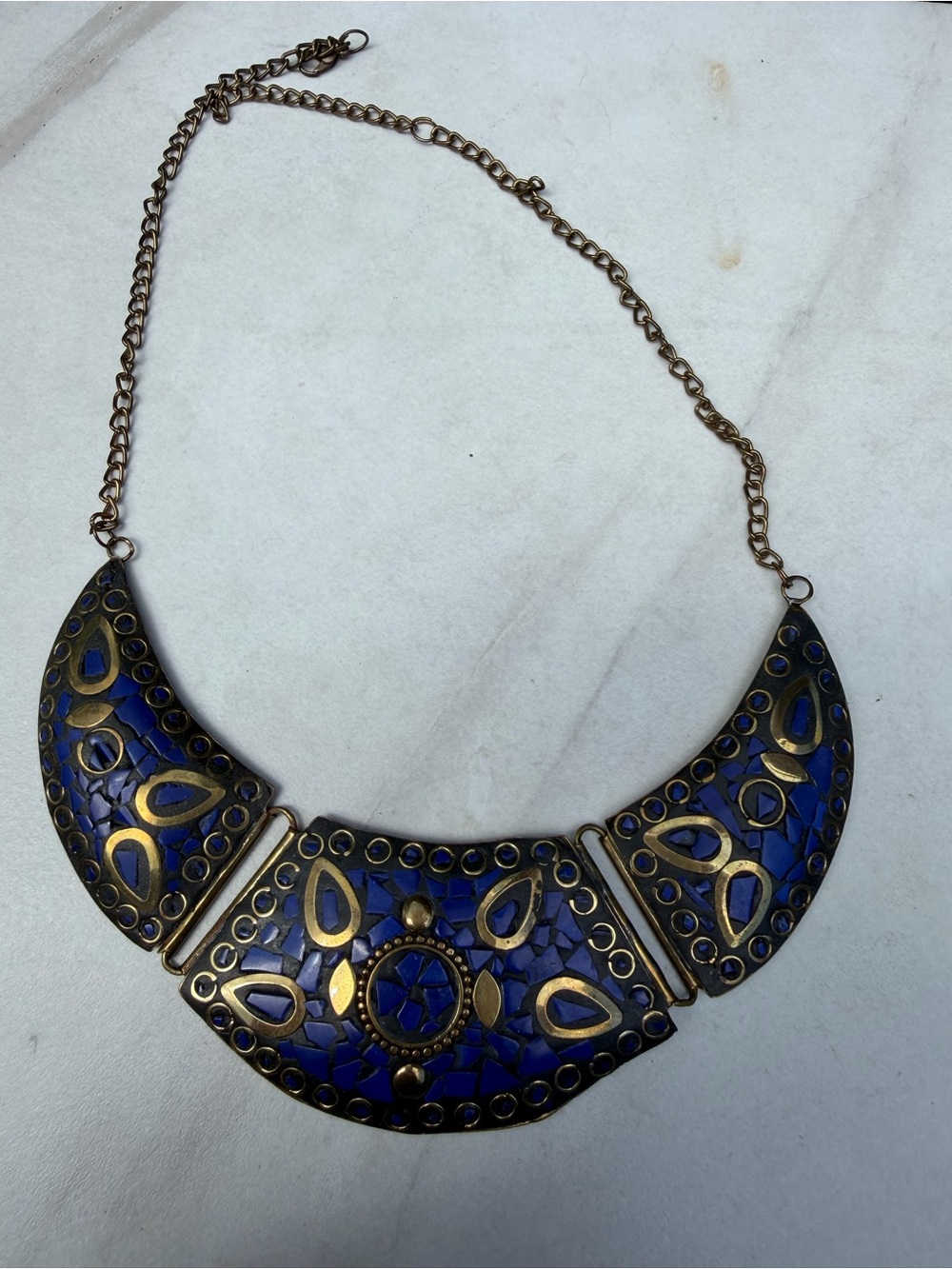 Statement Blue and Gold Mosaic Bib Necklace